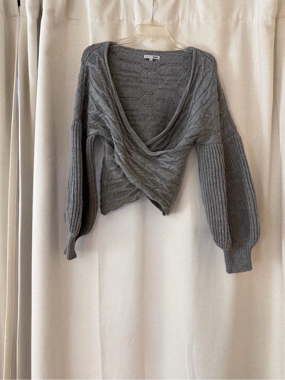 Fashion Nova Grey Cable-Knit Draped Wrap Sweater - Picture 1 of 5